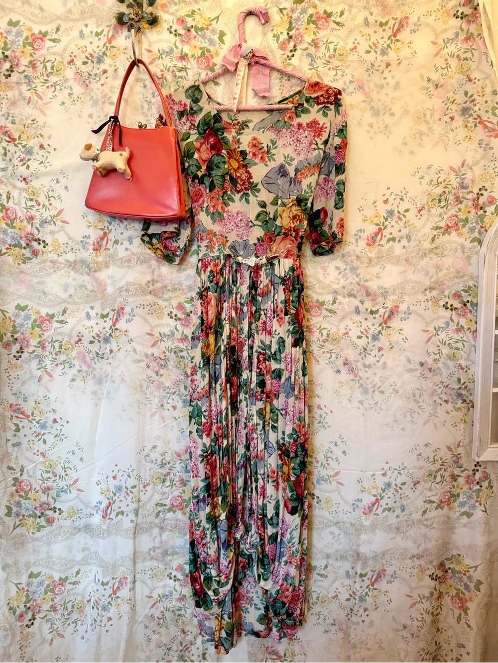 Vintage 90s Floral Maxi Dress with Waist Tie